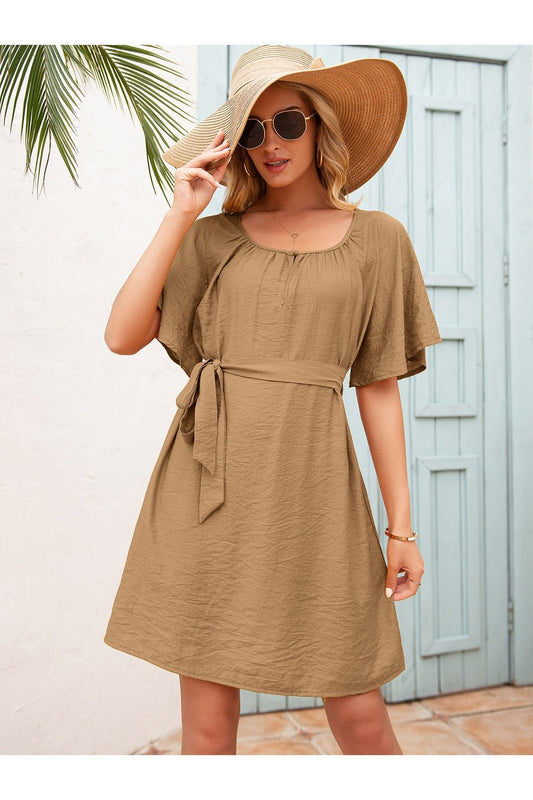 Tie Waist Flutter Sleeve Mini Dress