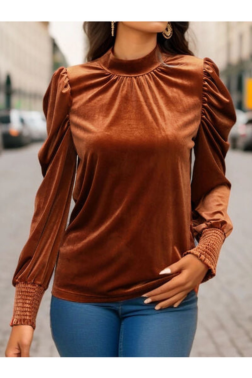 Tied Mock Neck Puff Sleeve Blouse