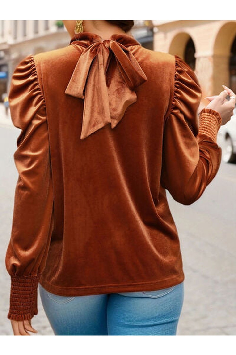 Tied Mock Neck Puff Sleeve Blouse