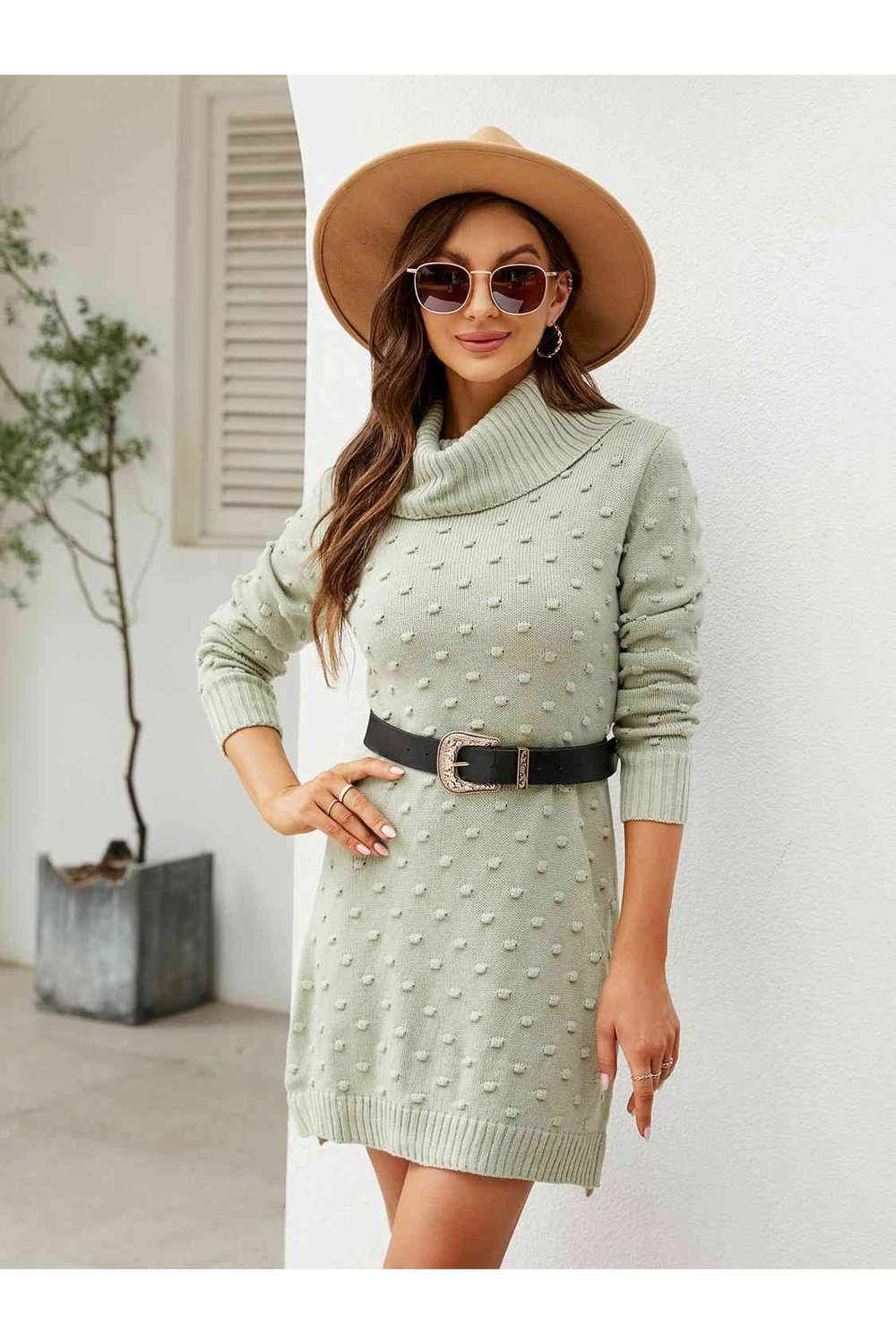 Turtleneck Long Sleeve Slit Sweater Dress