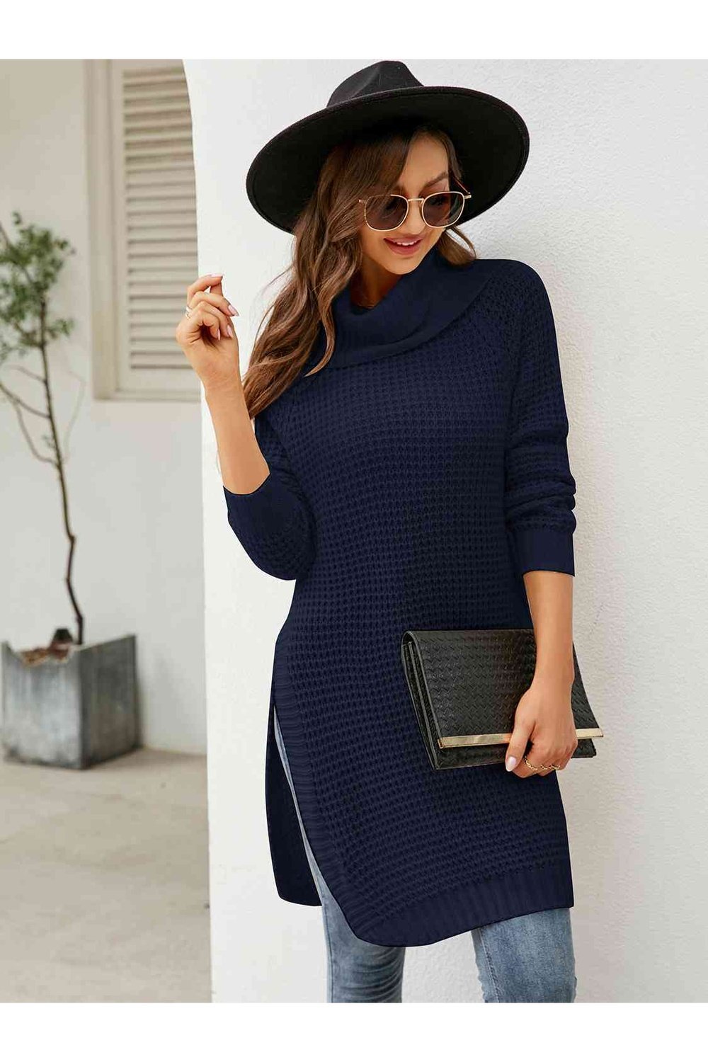 Turtleneck Waffle-Knit Slit Sweater Dress