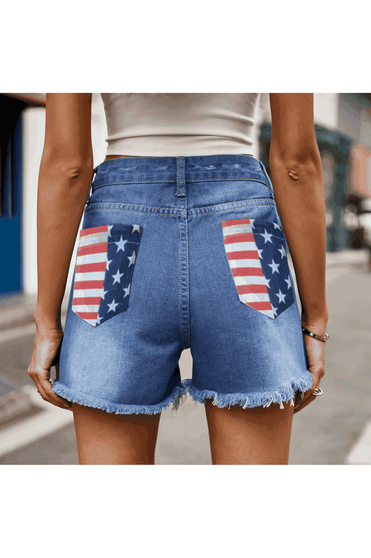 US Flag Distressed Denim Shorts