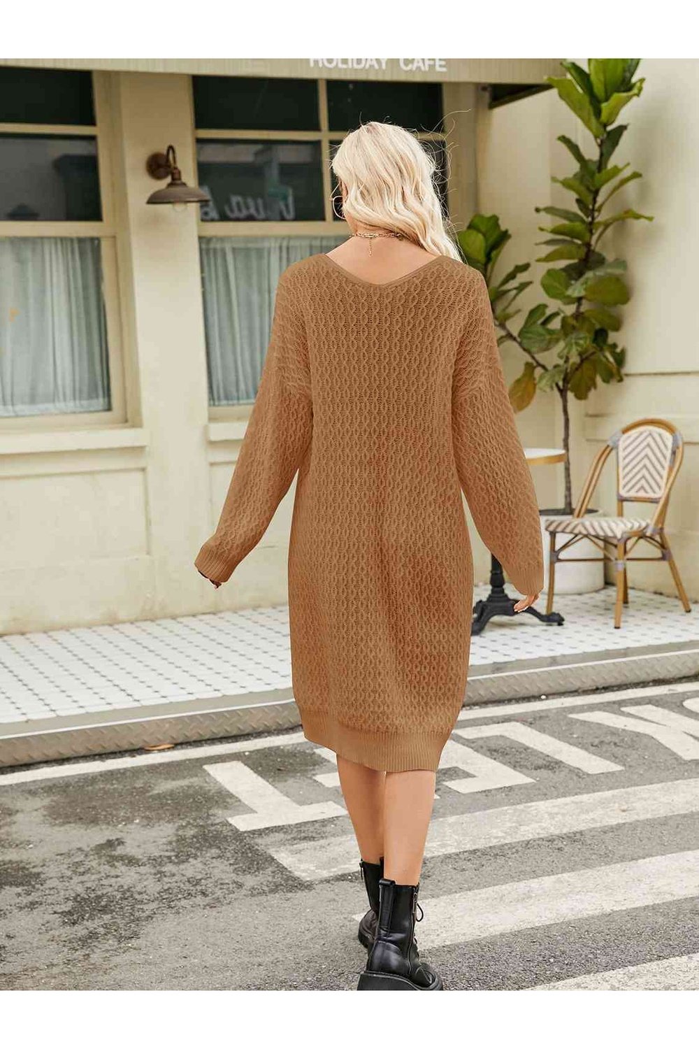 V-Neck Long Sleeve Sweater Dress