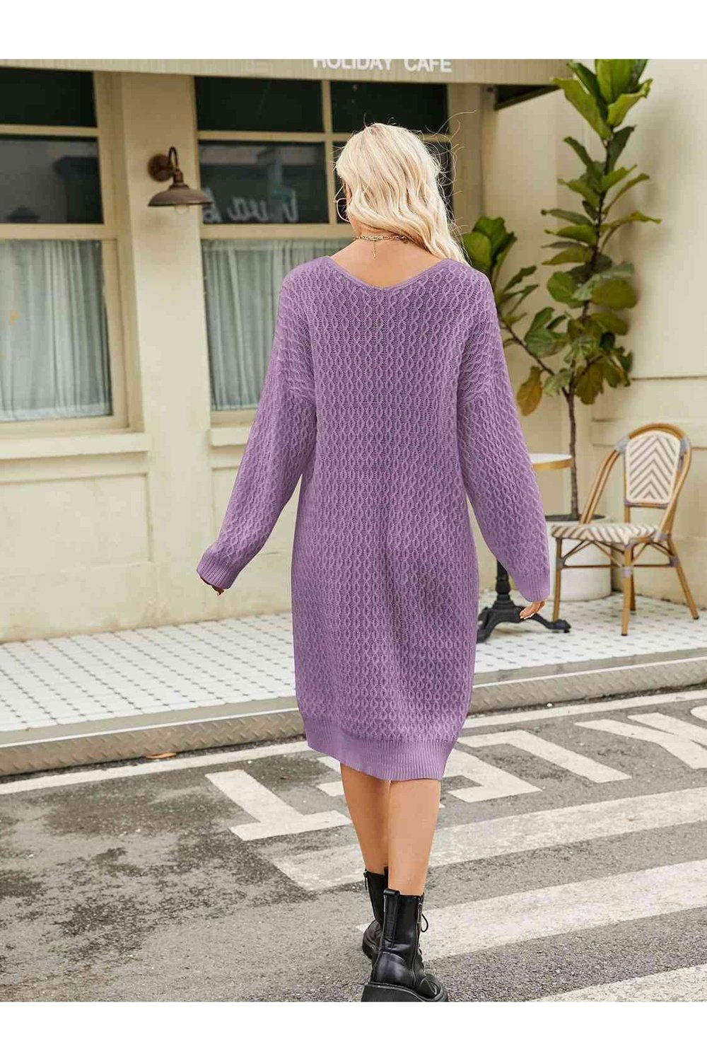 V-Neck Long Sleeve Sweater Dress