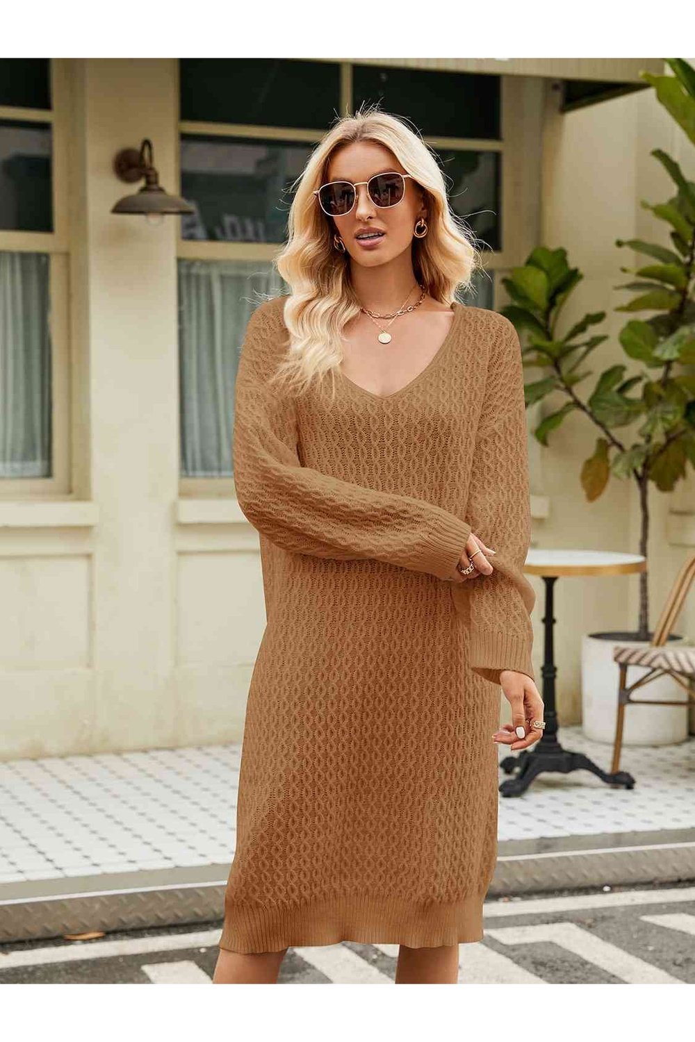 V-Neck Long Sleeve Sweater Dress