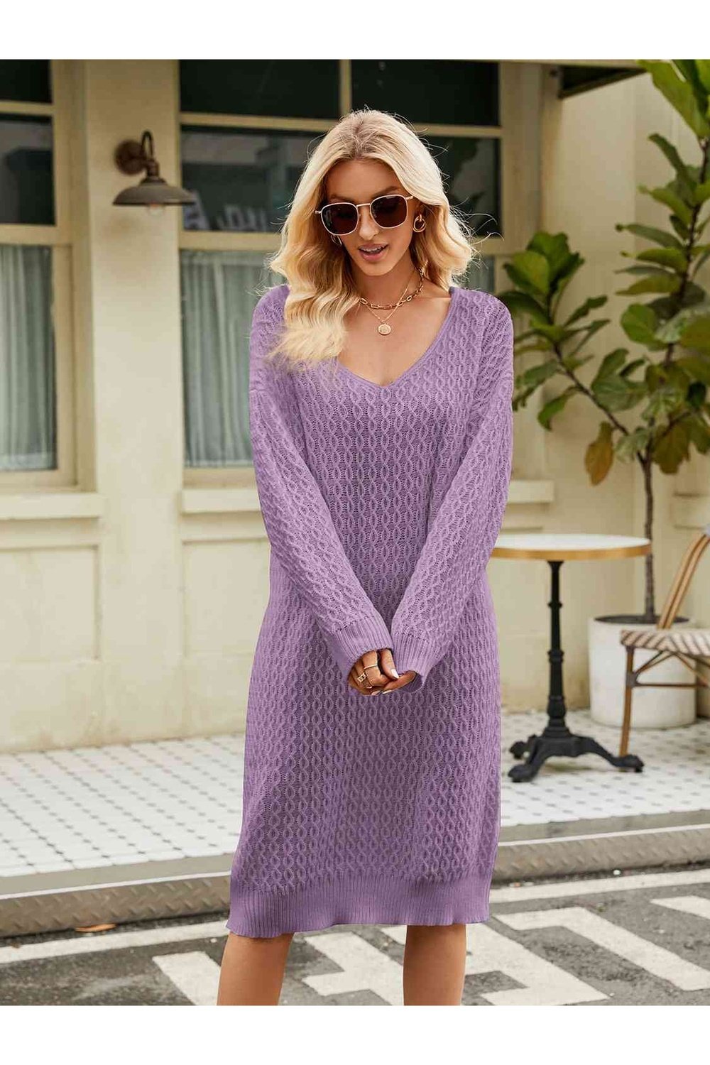 V-Neck Long Sleeve Sweater Dress