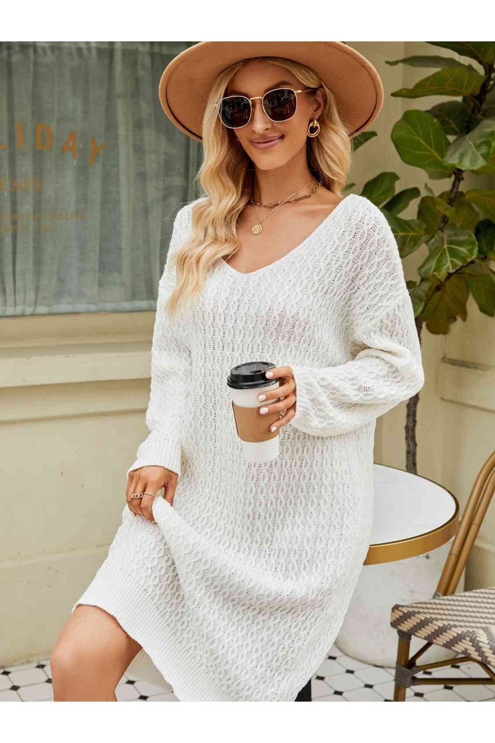 V-Neck Long Sleeve Sweater Dress