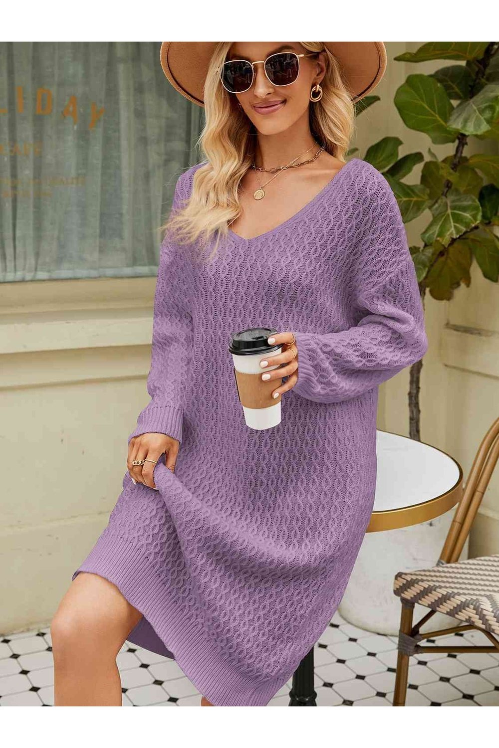 V-Neck Long Sleeve Sweater Dress