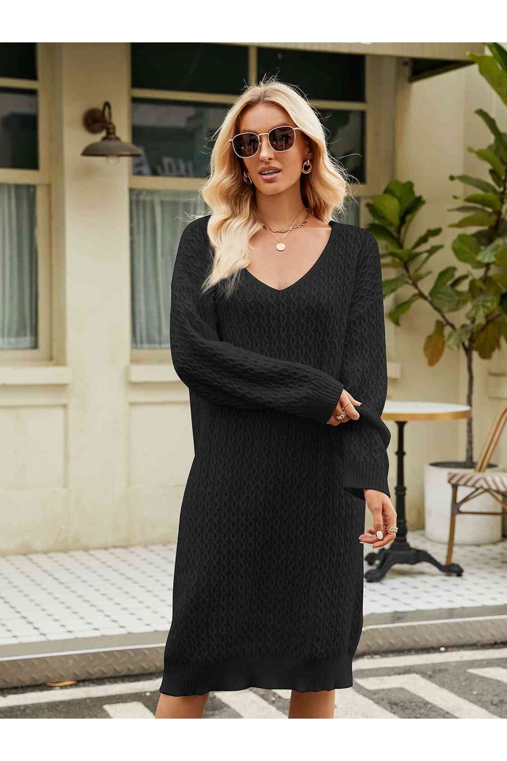 V-Neck Long Sleeve Sweater Dress