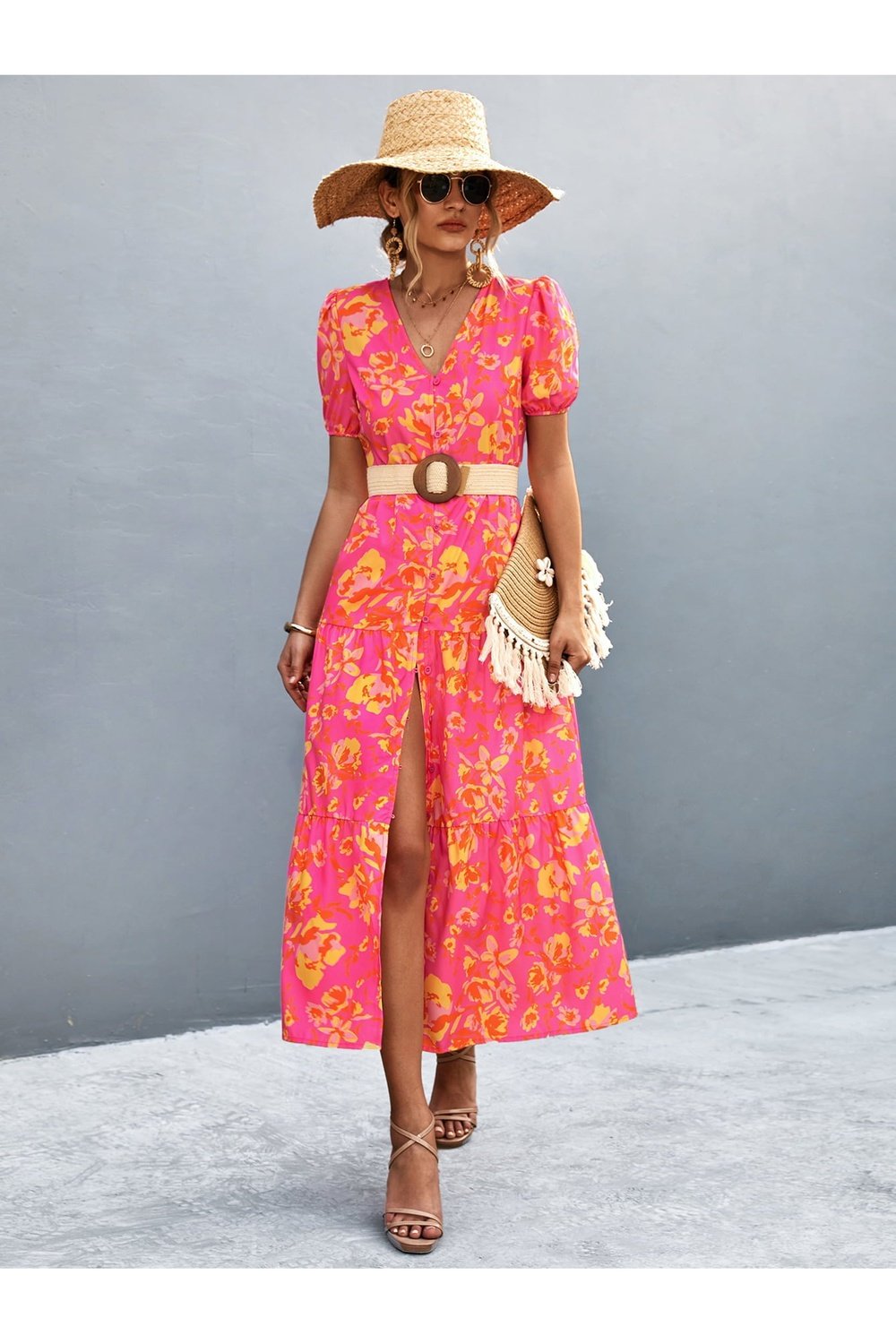 V-Neck Short Sleeve High Slit Midi Dress