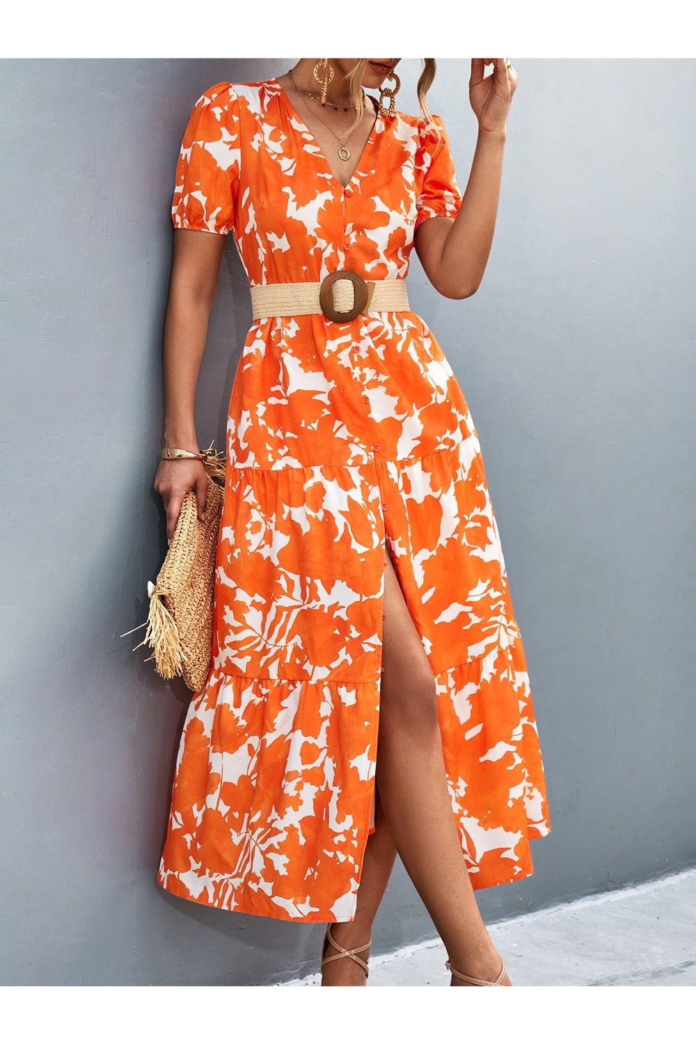 V-Neck Short Sleeve High Slit Midi Dress