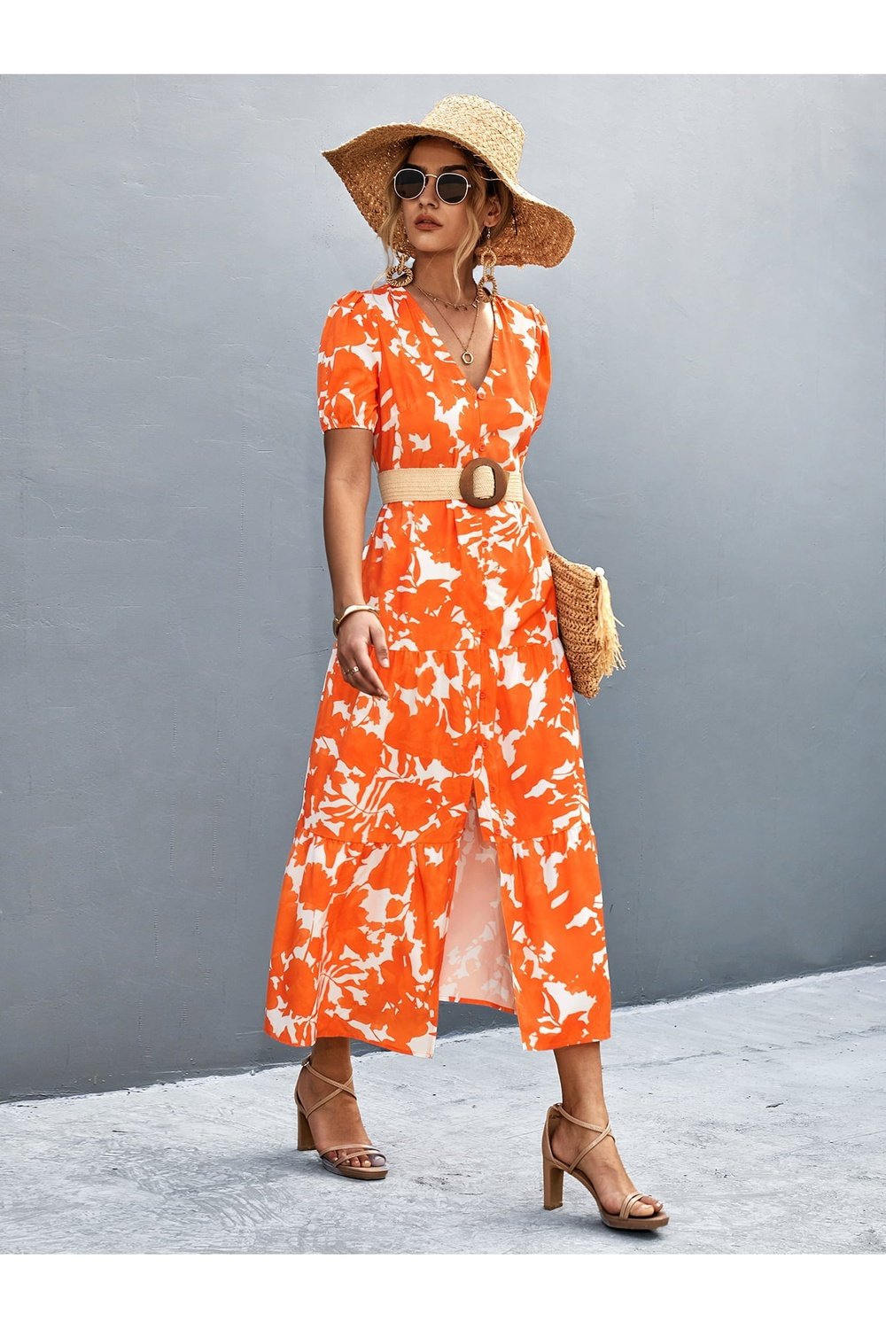 V-Neck Short Sleeve High Slit Midi Dress