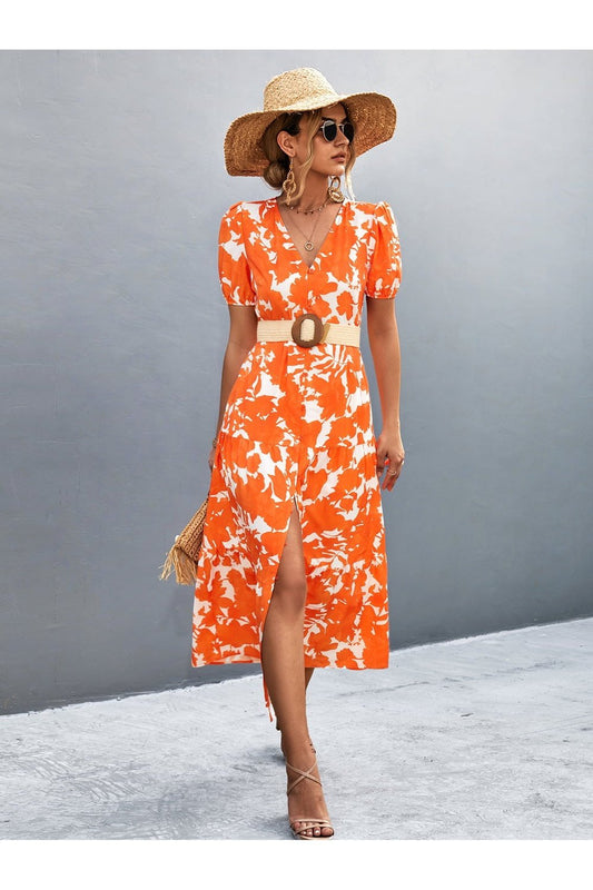 V-Neck Short Sleeve High Slit Midi Dress