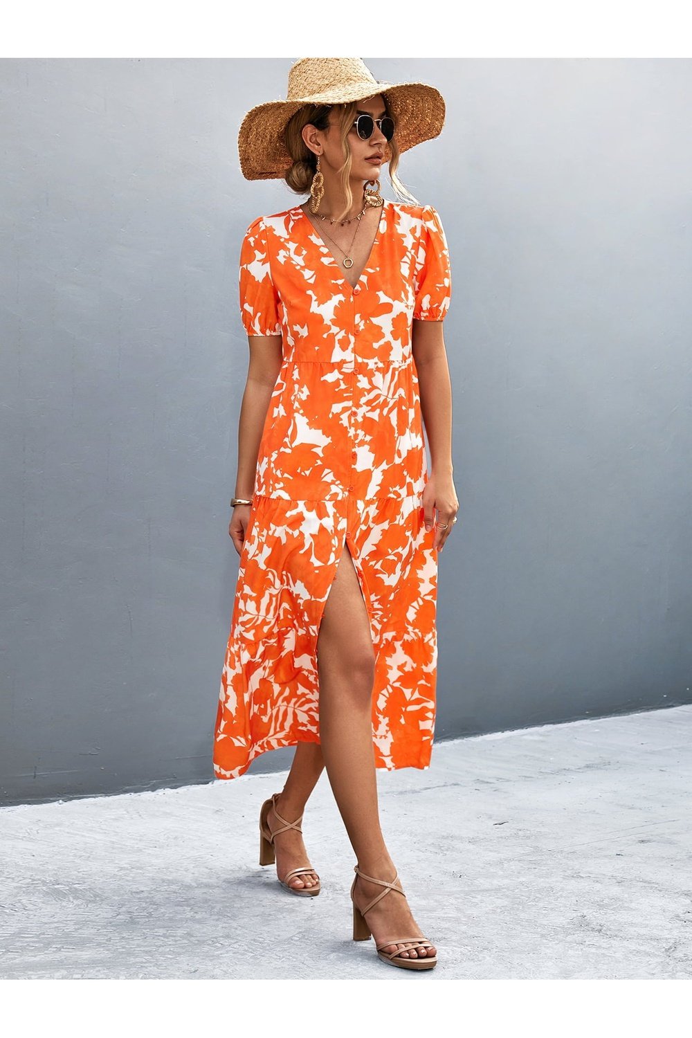 V-Neck Short Sleeve High Slit Midi Dress