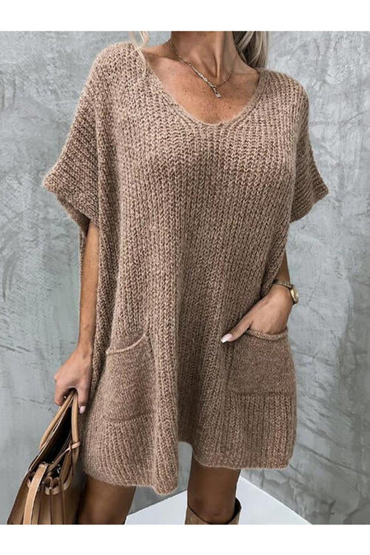 V-Neck Short Sleeve Sweater with Pockets