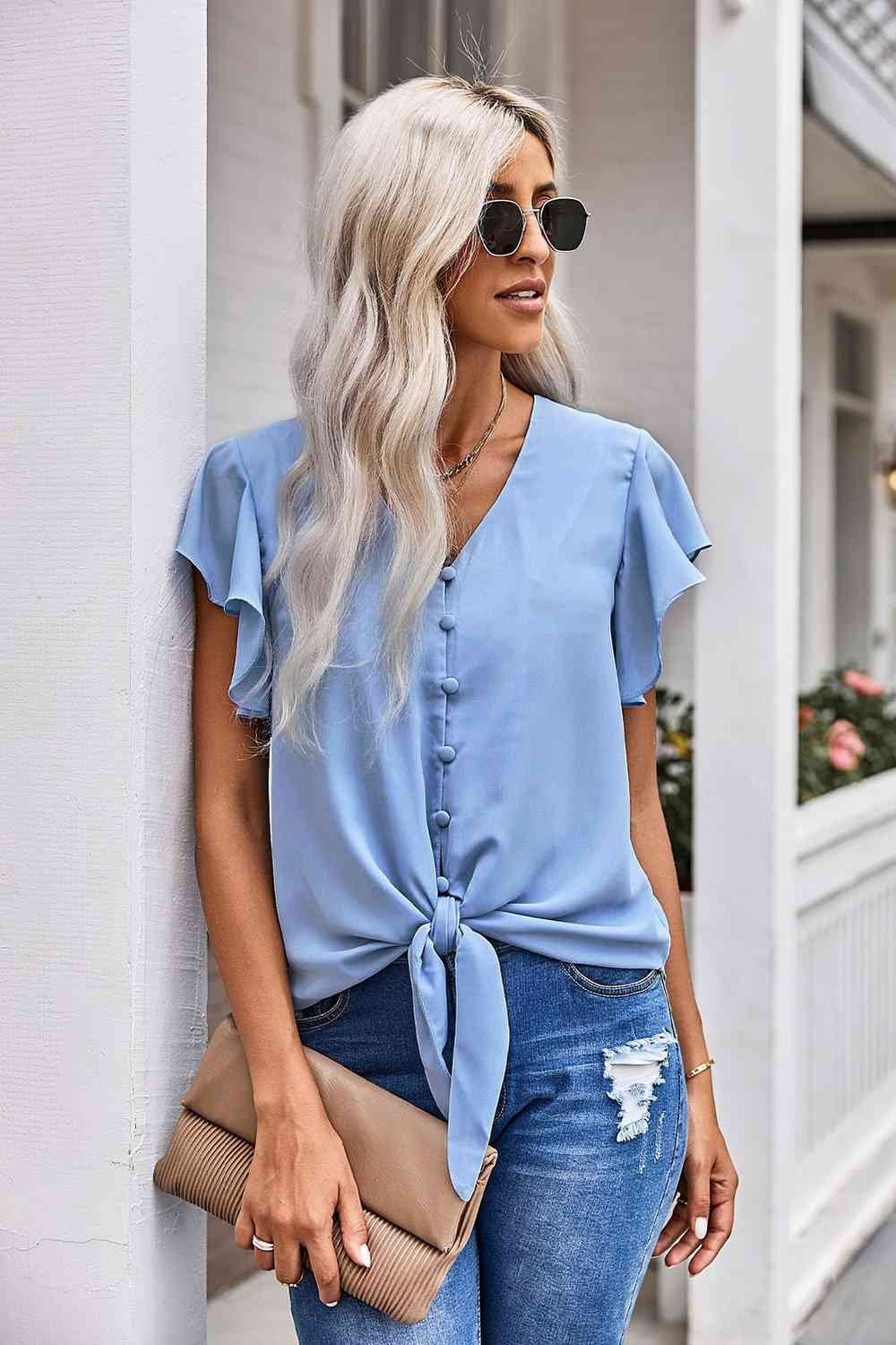 V-Neck Tie Hem Flutter Sleeve Blouse