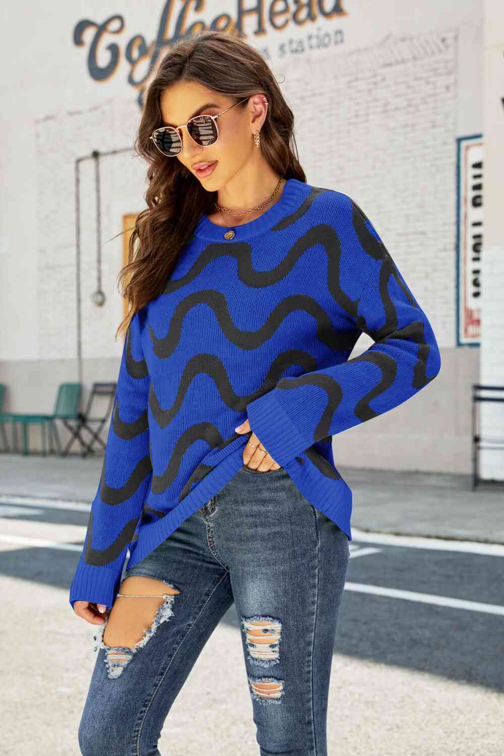 Wave Stripe Ribbed Trim Tunic Sweater