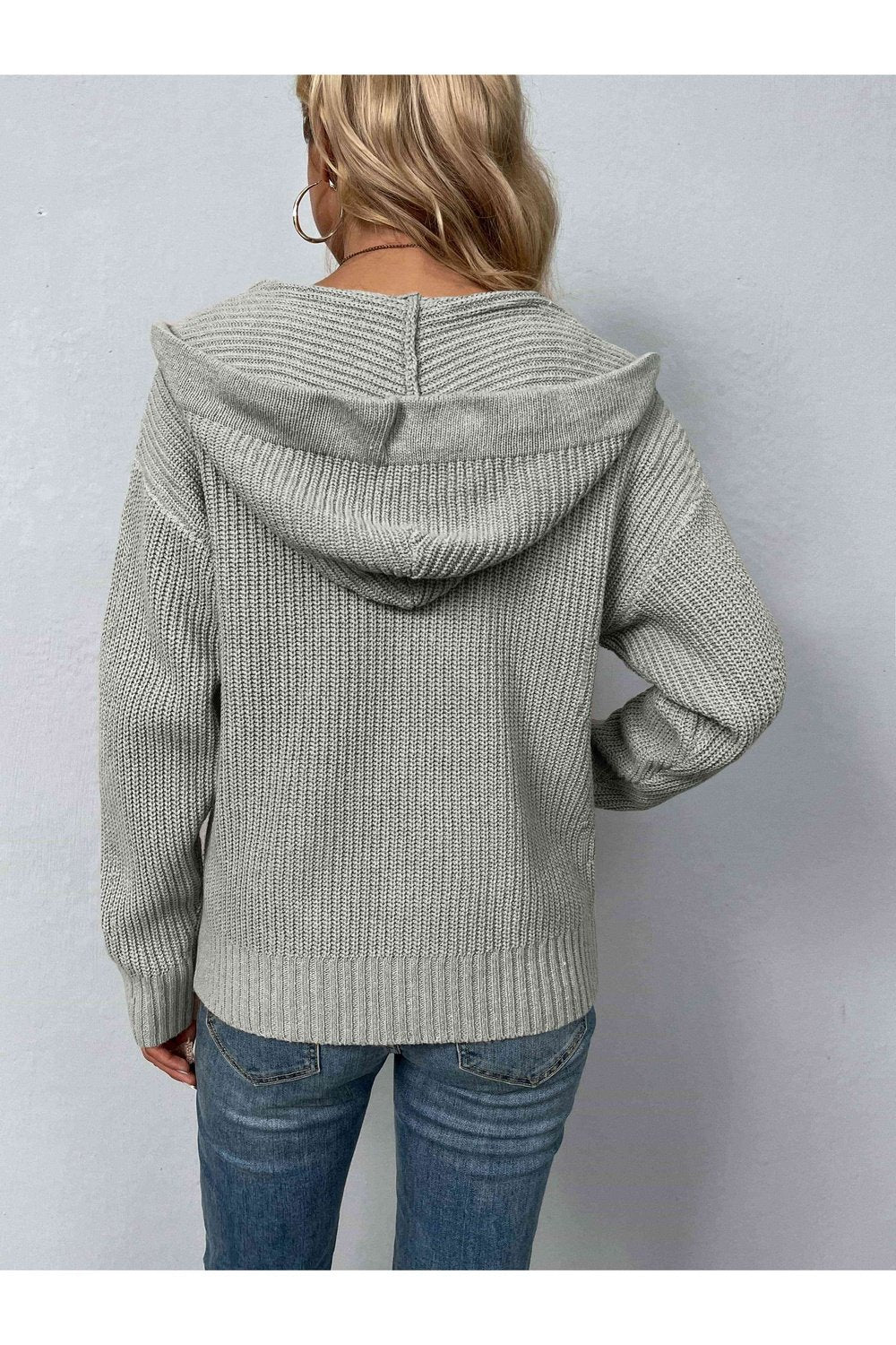 Zip-Up Drawstring Detail Hooded Cardigan