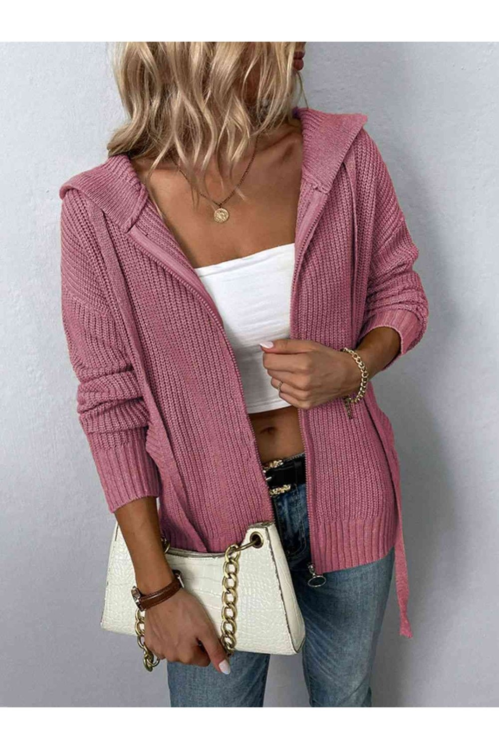 Zip-Up Drawstring Detail Hooded Cardigan