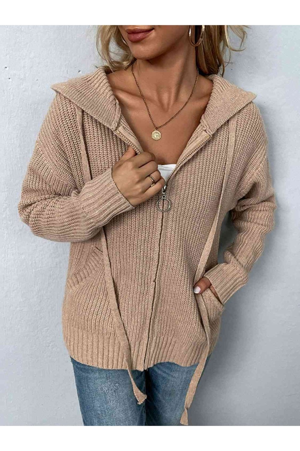 Zip-Up Drawstring Detail Hooded Cardigan