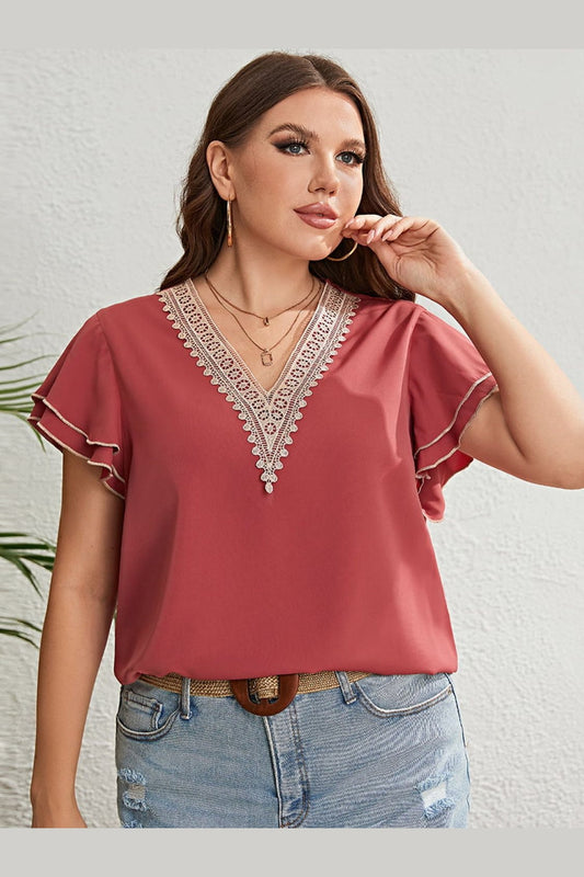 Honey Plus Size Contrast V-Neck Layered Flutter Sleeve Blouse