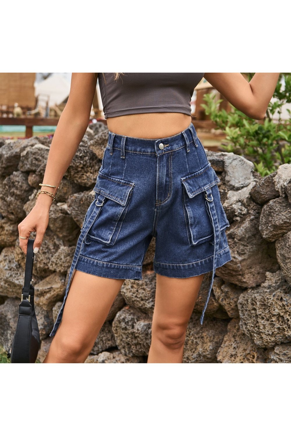 High Waist Denim Cargo Shorts