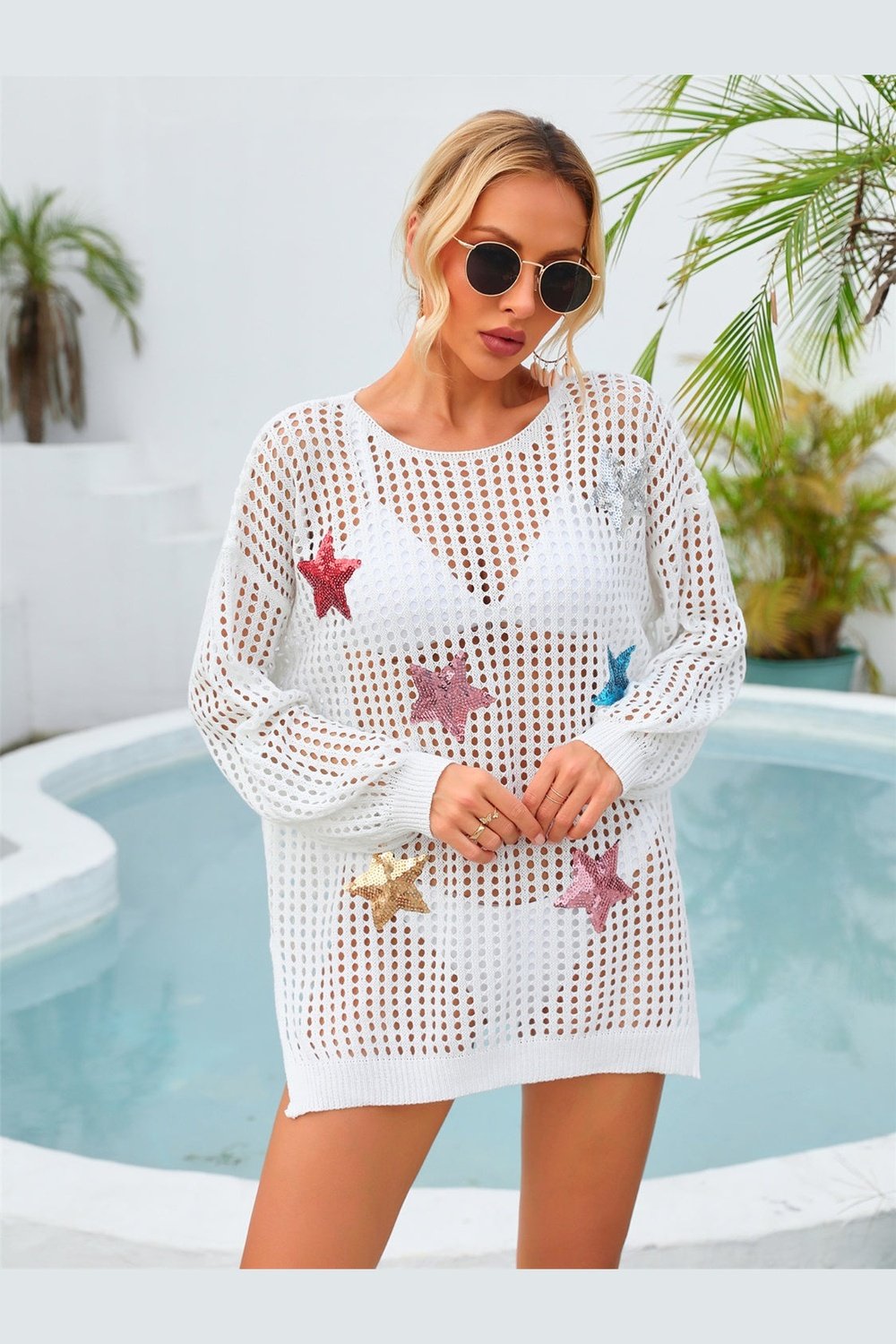 Sequin Star Round Neck Long Sleeve Cover Up