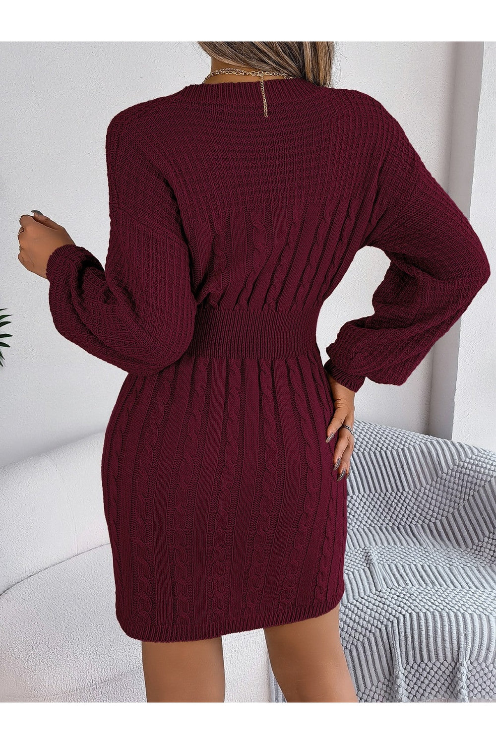 Cable-Knit Cutout Round Neck Slit Sweater Dress