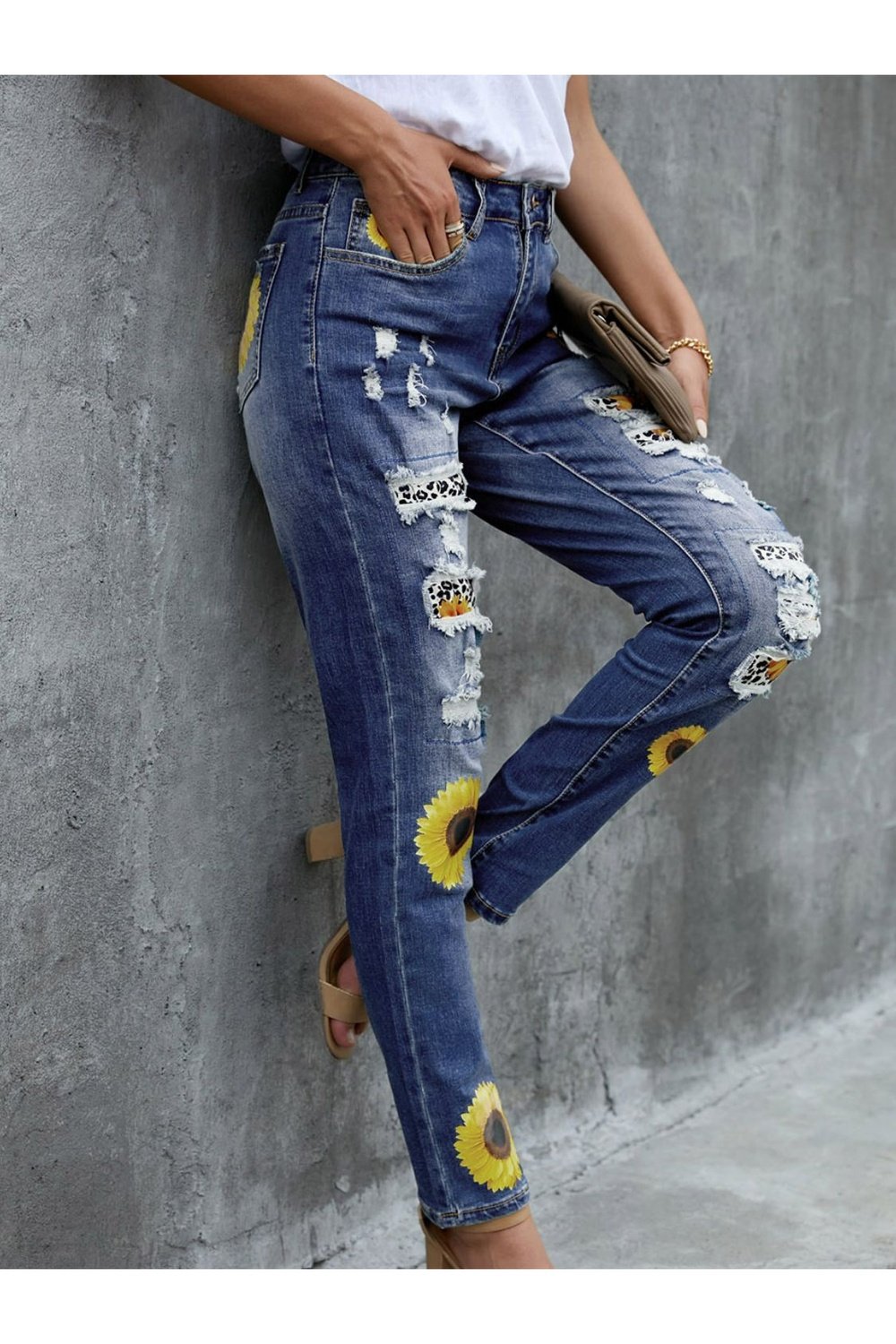 Leopard Patchwork Sunflower Print Distressed High Waist Jeans