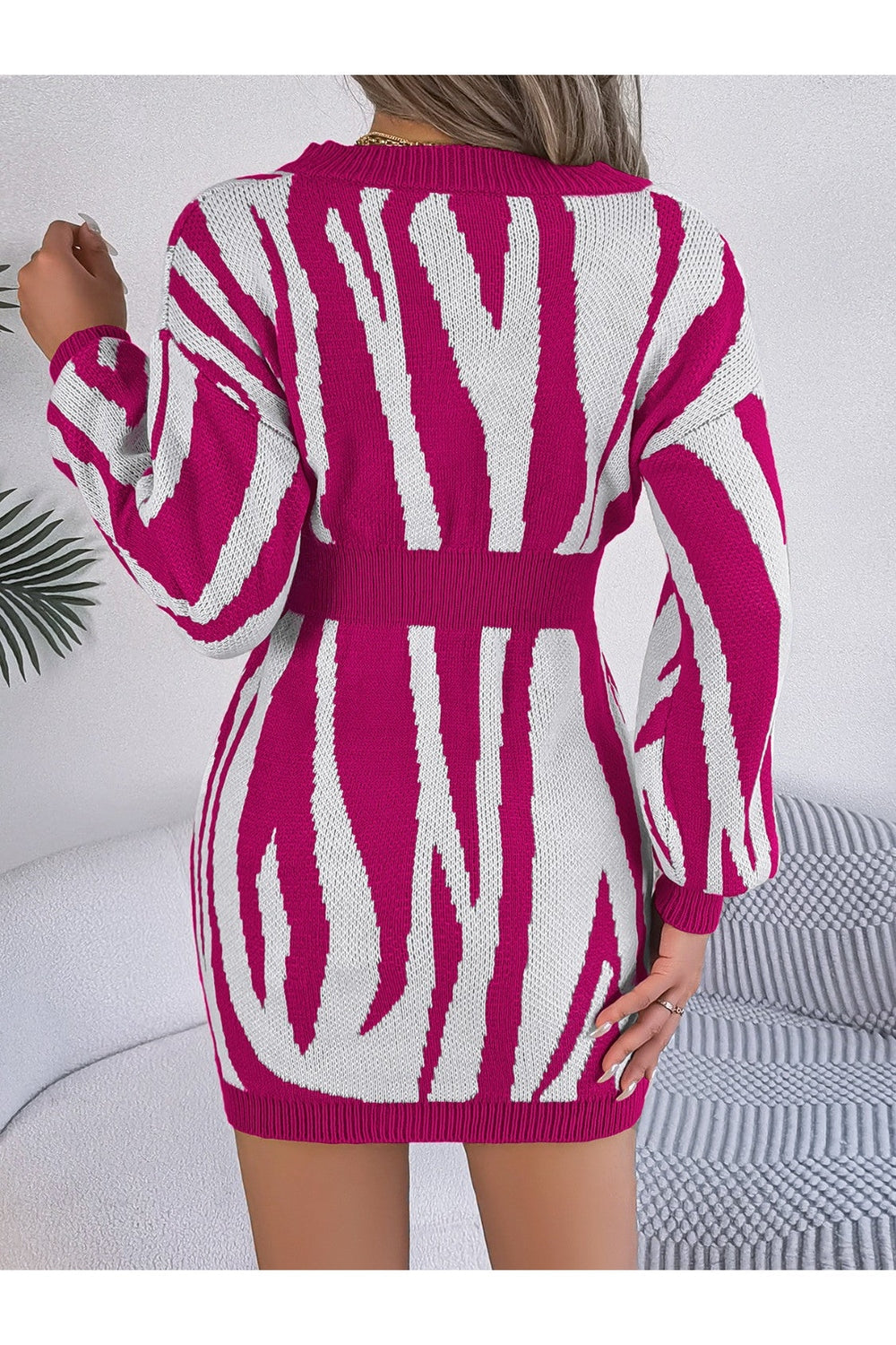 Animal Print V-Neck Long Sleeve Sweater Dress