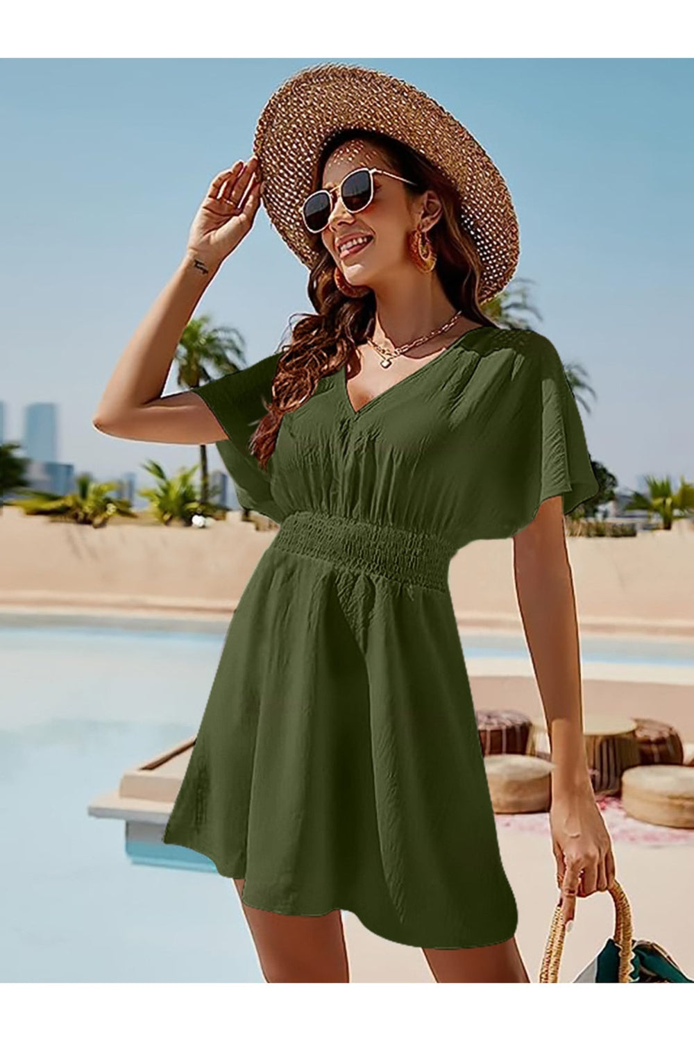 Smocked V-Neck Short Sleeve Dress