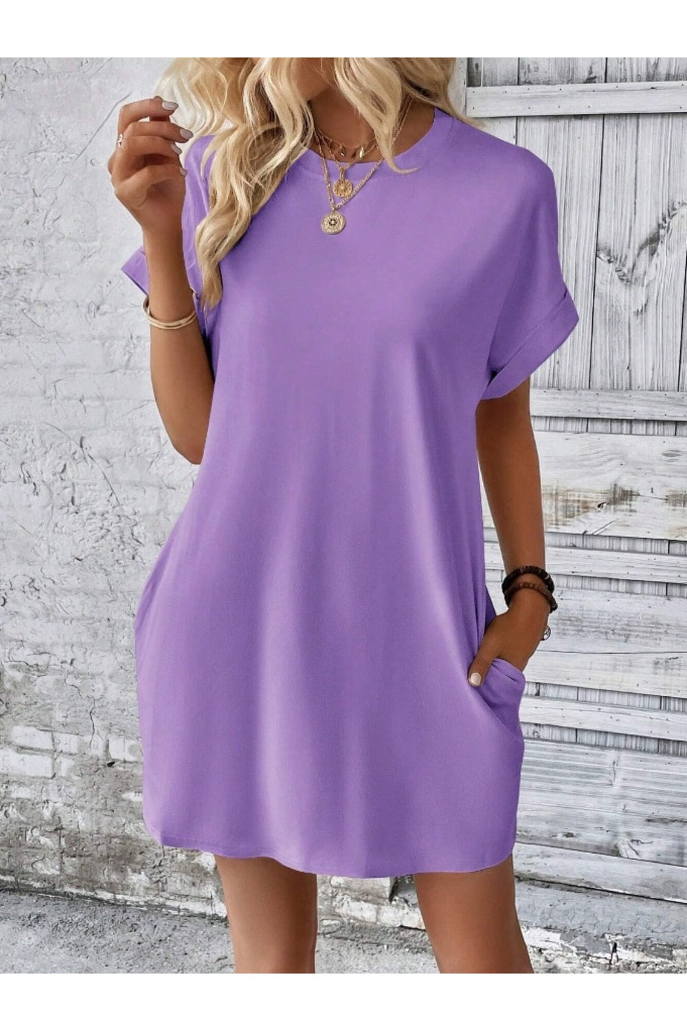 Pocketed Round Neck Short Sleeve Dress