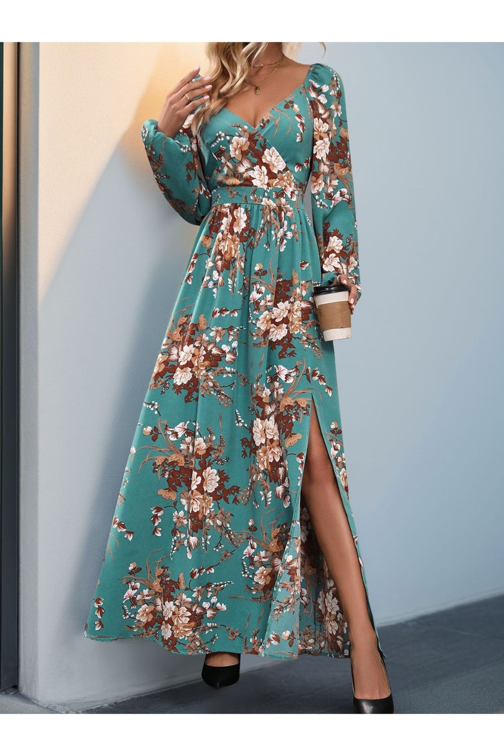 Perfee Slit Printed Surplice Long Sleeve Maxi Dress