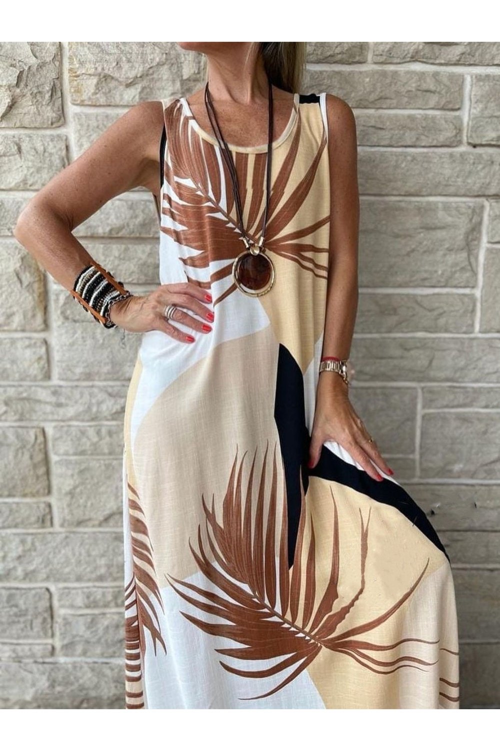 Printed Round Neck Midi Tank Dress