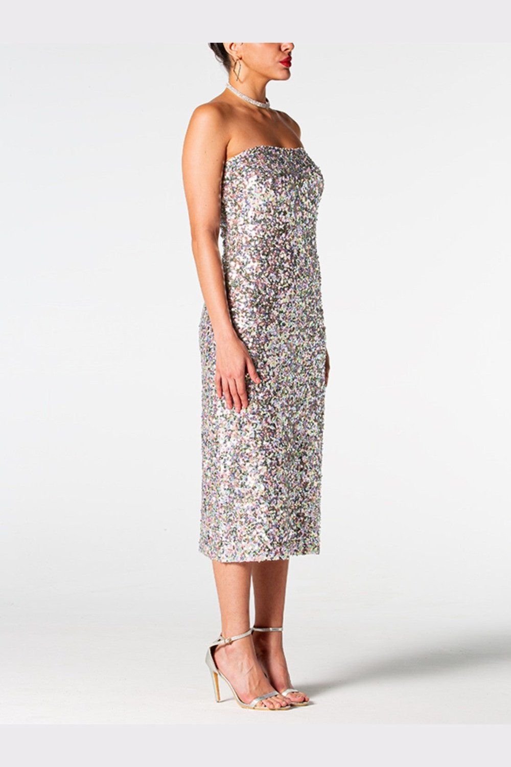 Sequin Straight Neck Midi Wrap Dress