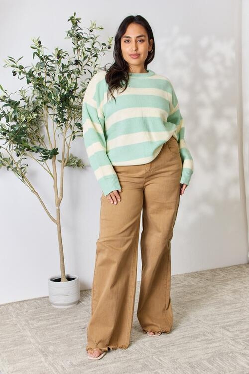 Sew In Love Full Size Contrast Striped Round Neck Sweater