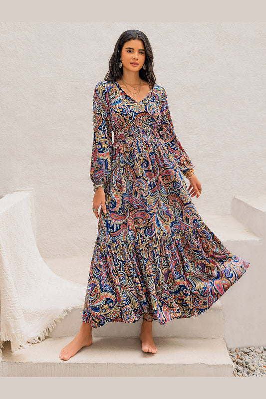 Printed Tie Neck Long Sleeve Midi Dress