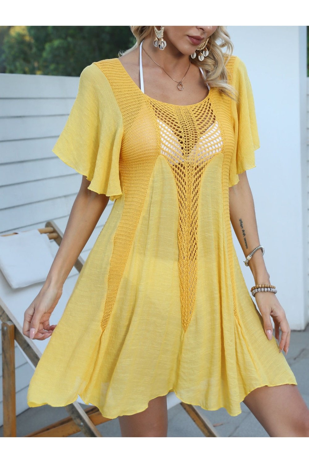 Openwork Flutter Sleeve Cover-Up Dress