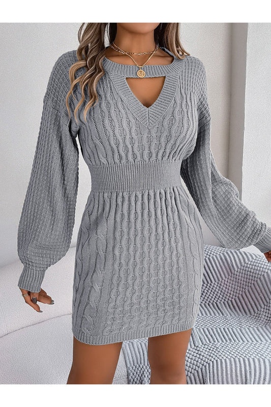 Cable-Knit Cutout Round Neck Slit Sweater Dress