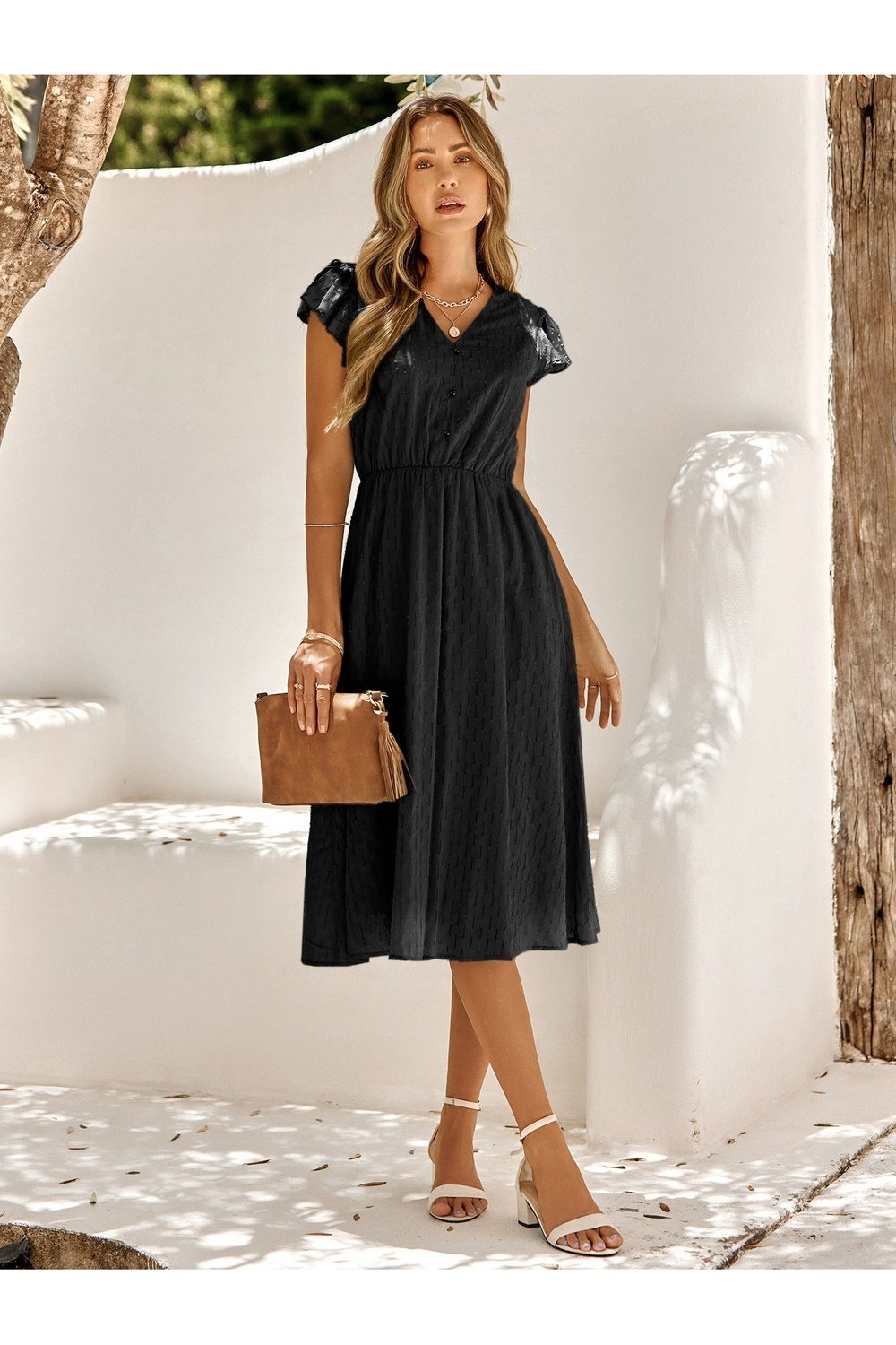 V-Neck Flutter Sleeve Midi Dress