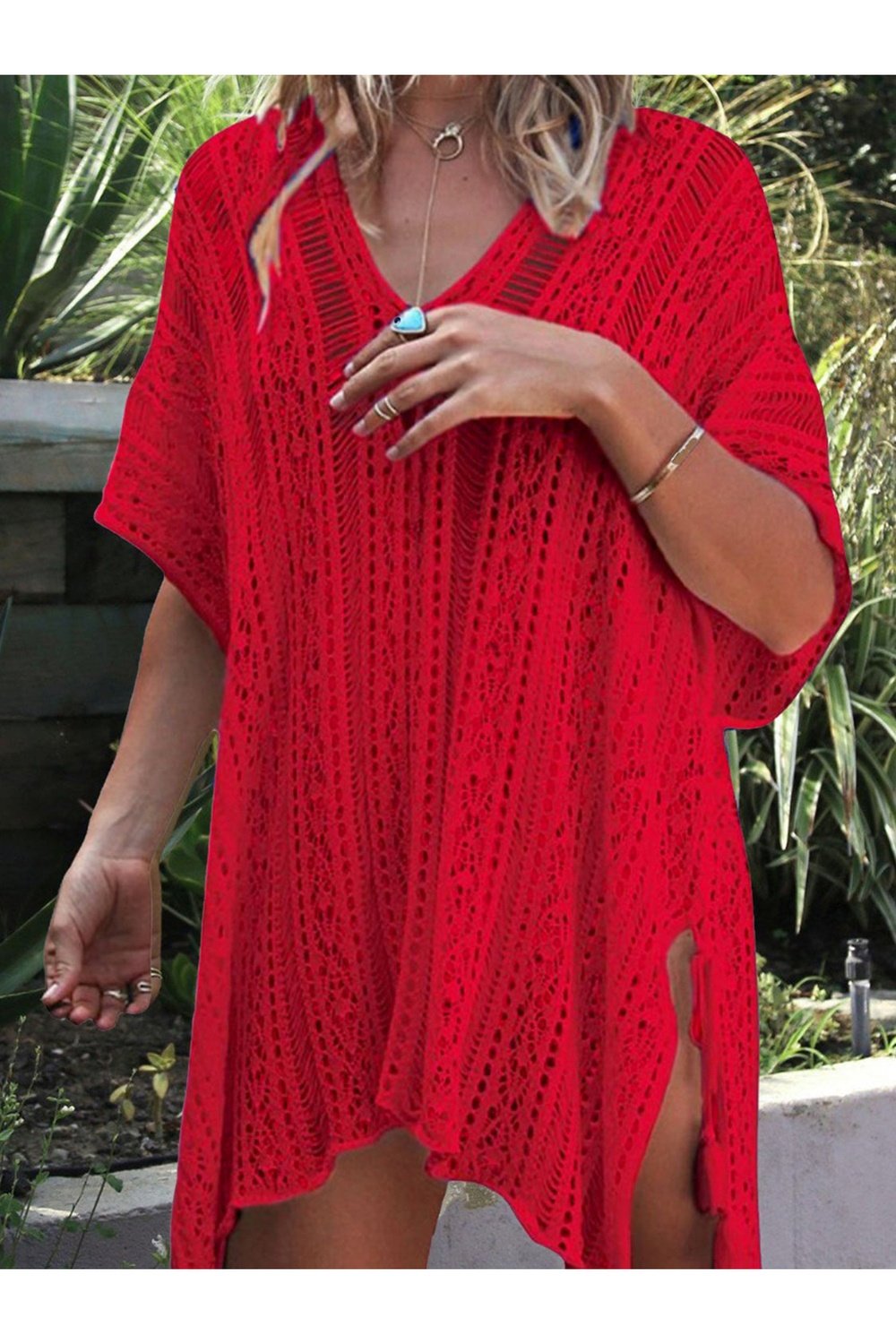 Cutout V-Neck Cover-Up with Tassel