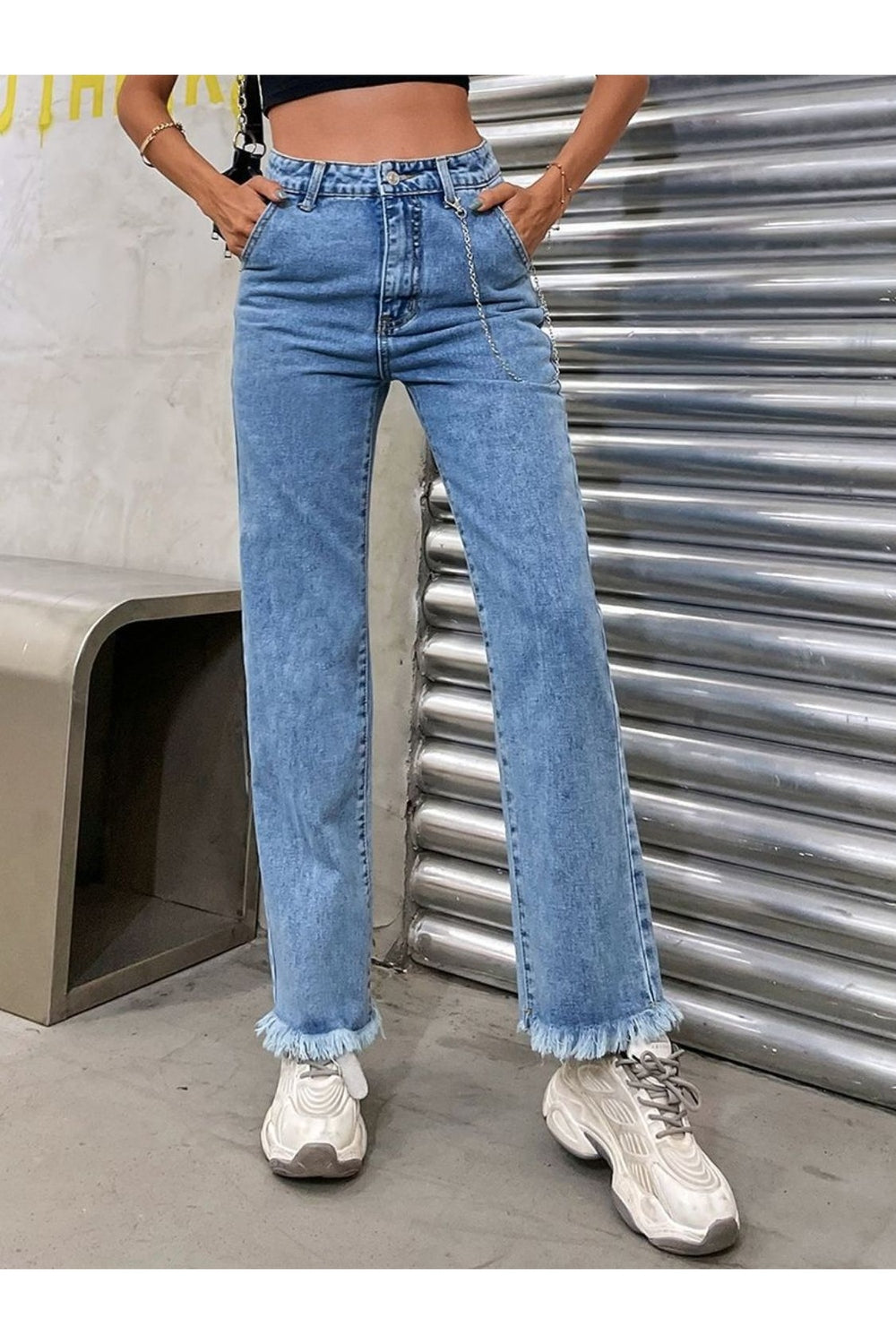 Raw Hem Jeans with Pockets