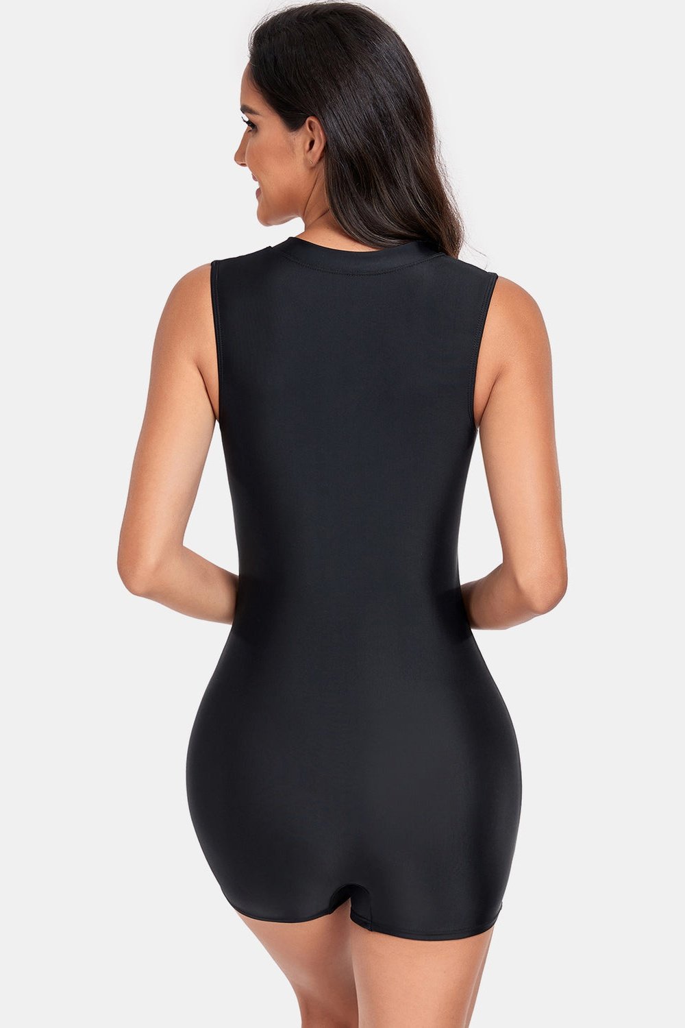 Zip Up Round Neck Sleeveless One-Piece Swimwear