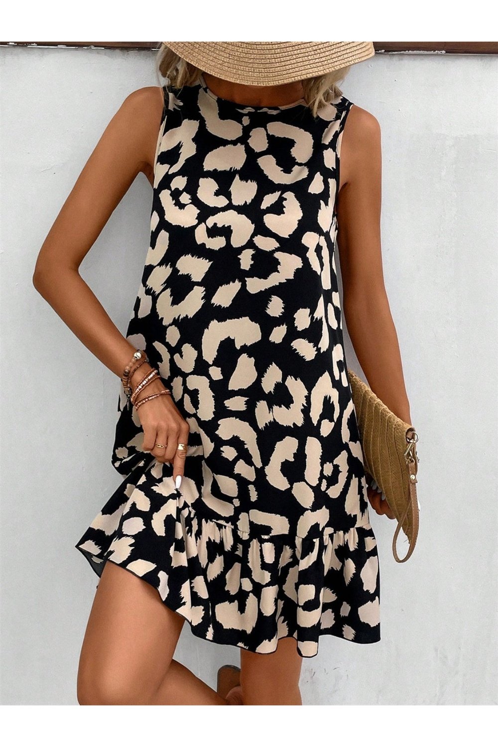 Tied Leopard Round Neck Tank Dress