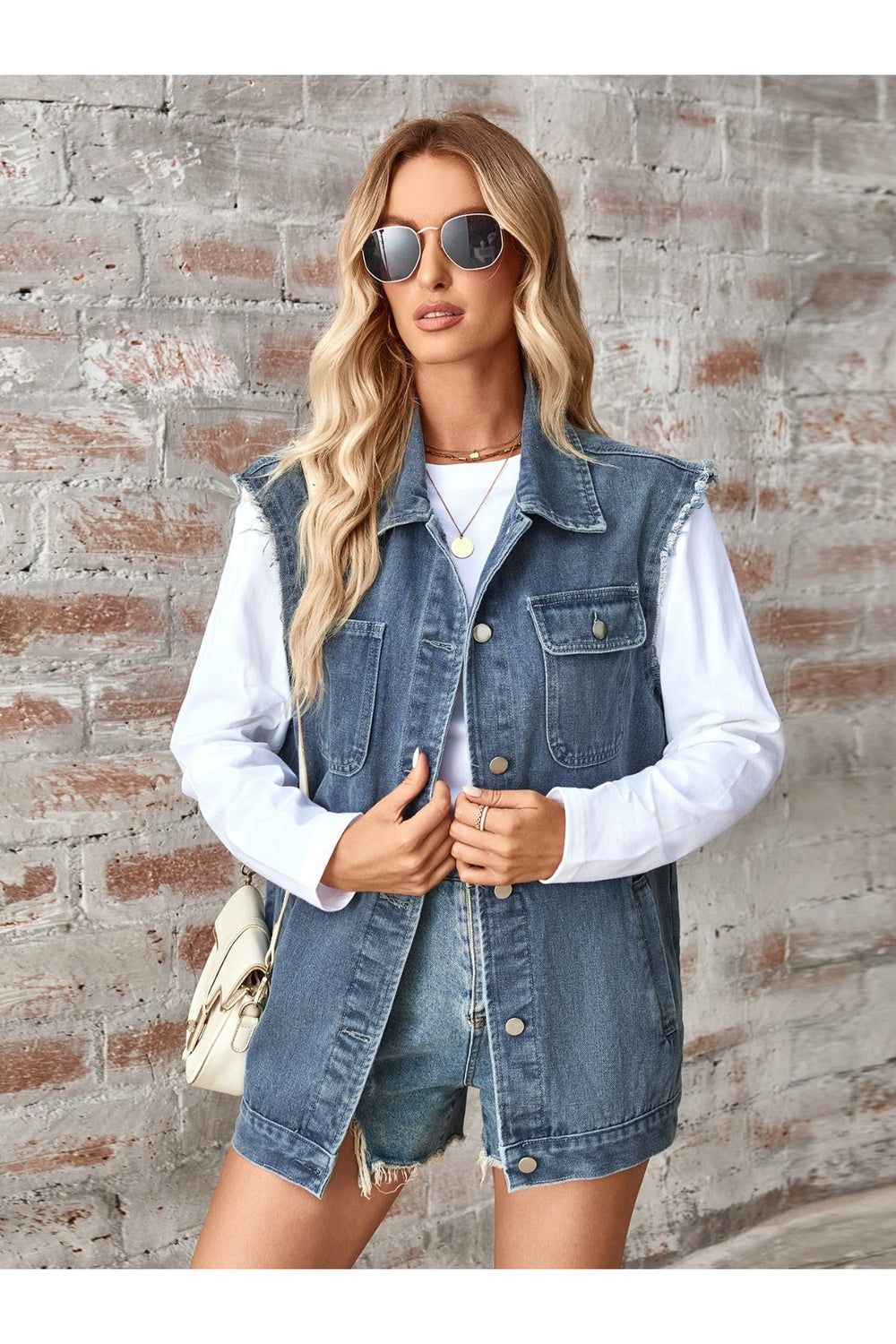 Raw Hem Sleeveless Button Up Denim Jacket