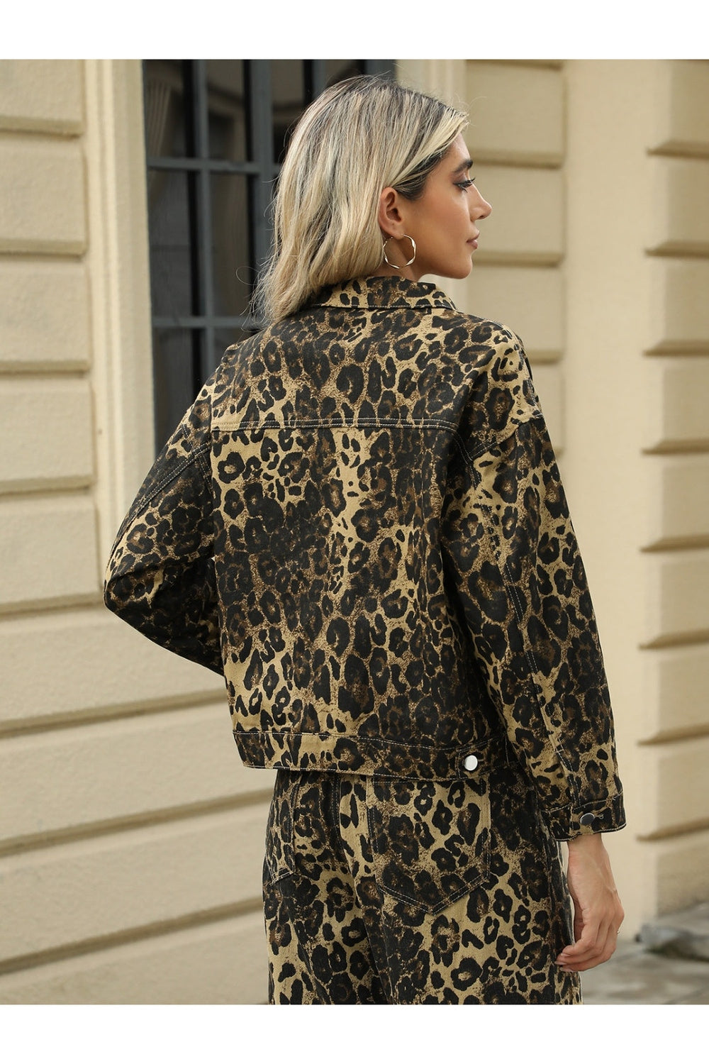 Pocketed Leopard Long Sleeve Denim Jacket