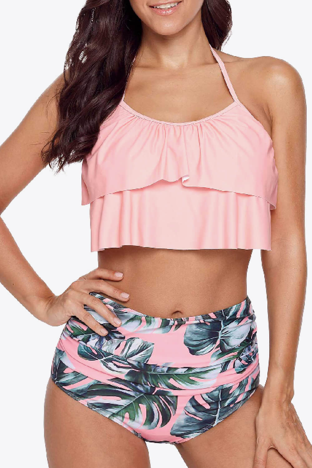 Halter Neck Crop Top and Botanical Print Swimsuit