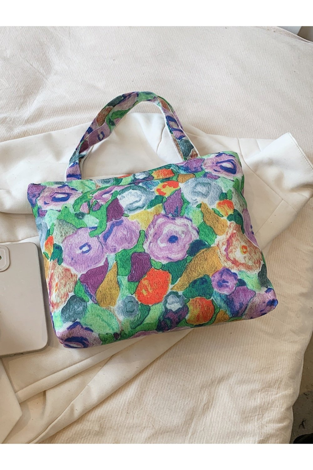 Printed Canvas Handbag with Zipper