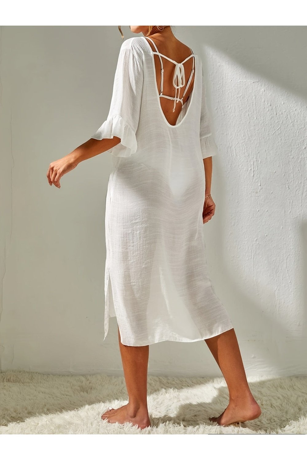 Slit V-Neck Flounce Sleeve Cover-Up