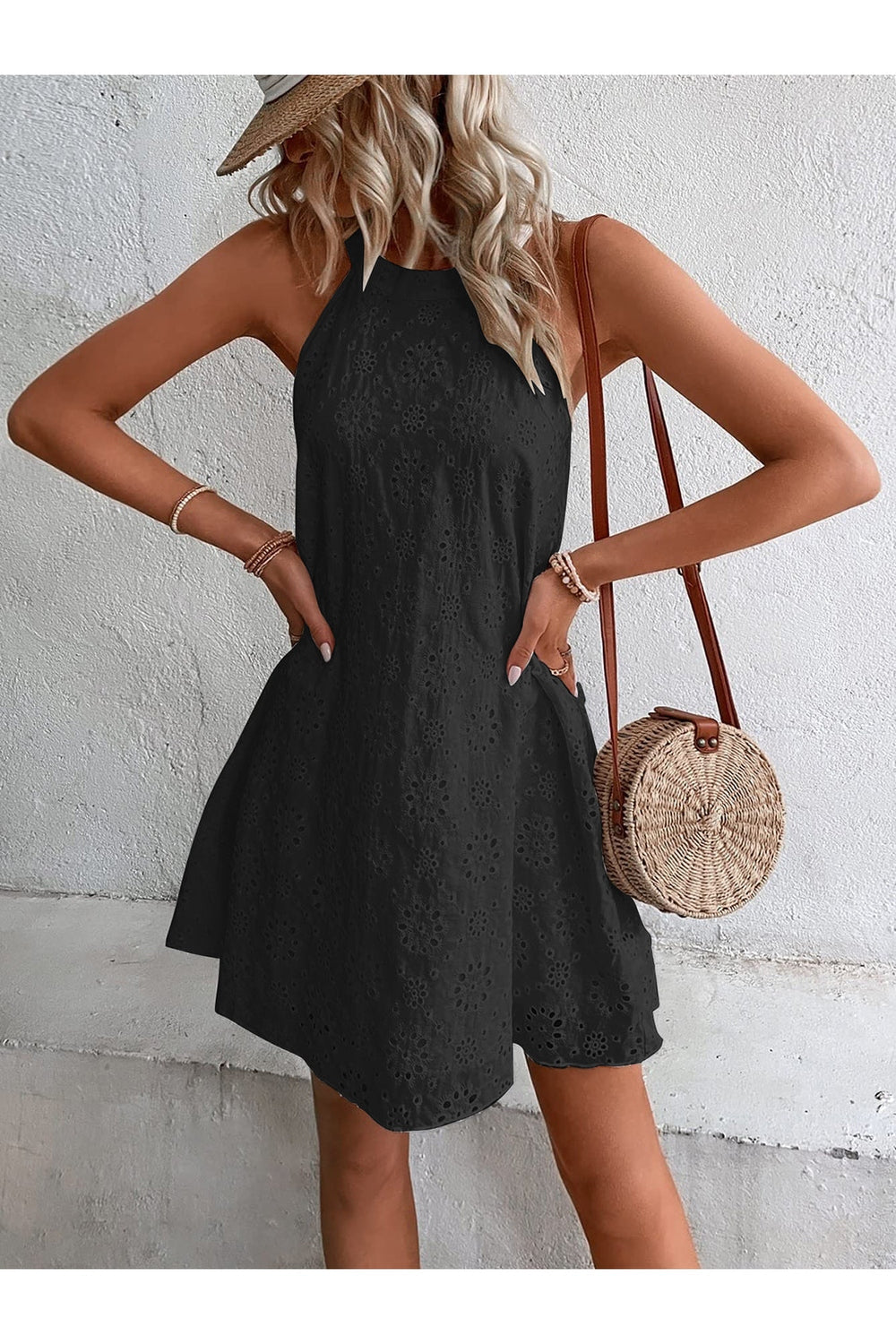 Eyelet Grecian Neck Mini Dress